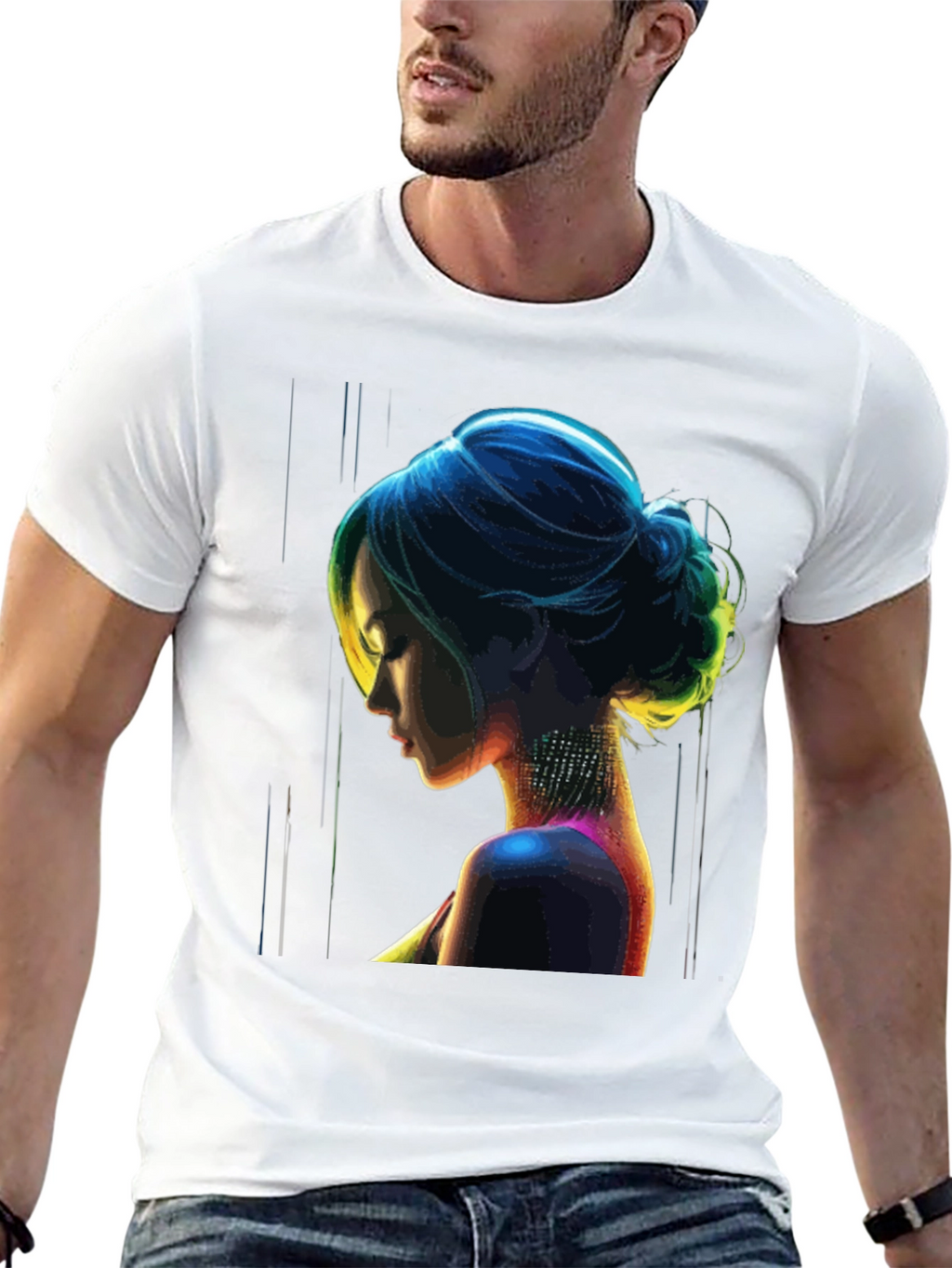 Neon Art Woman Graphic Print Black T-Shirt