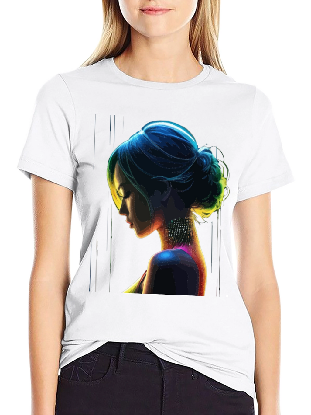 Neon Art Woman Graphic Print Black T-Shirt