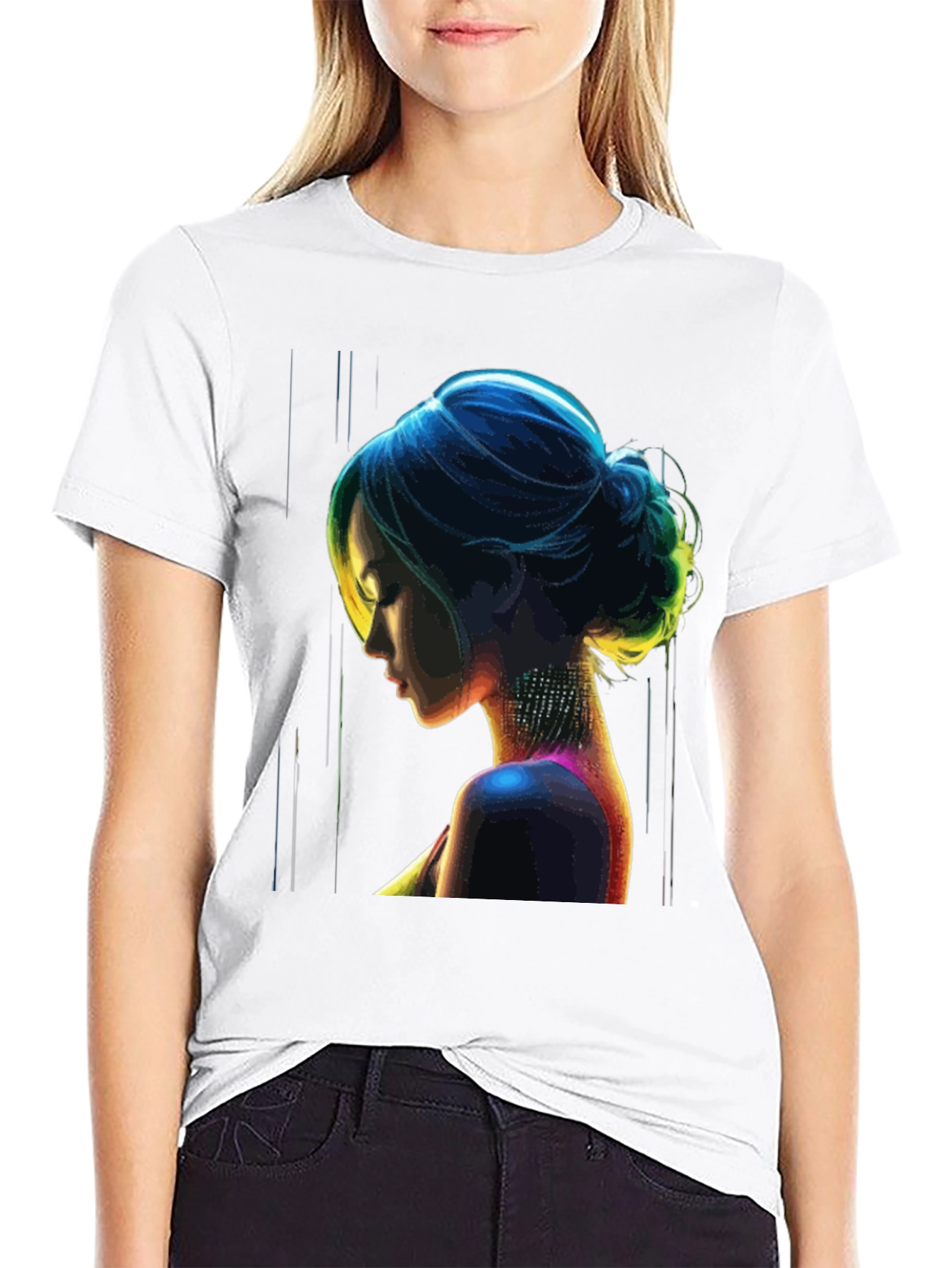 Neon Art Woman Graphic Print Black T-Shirt