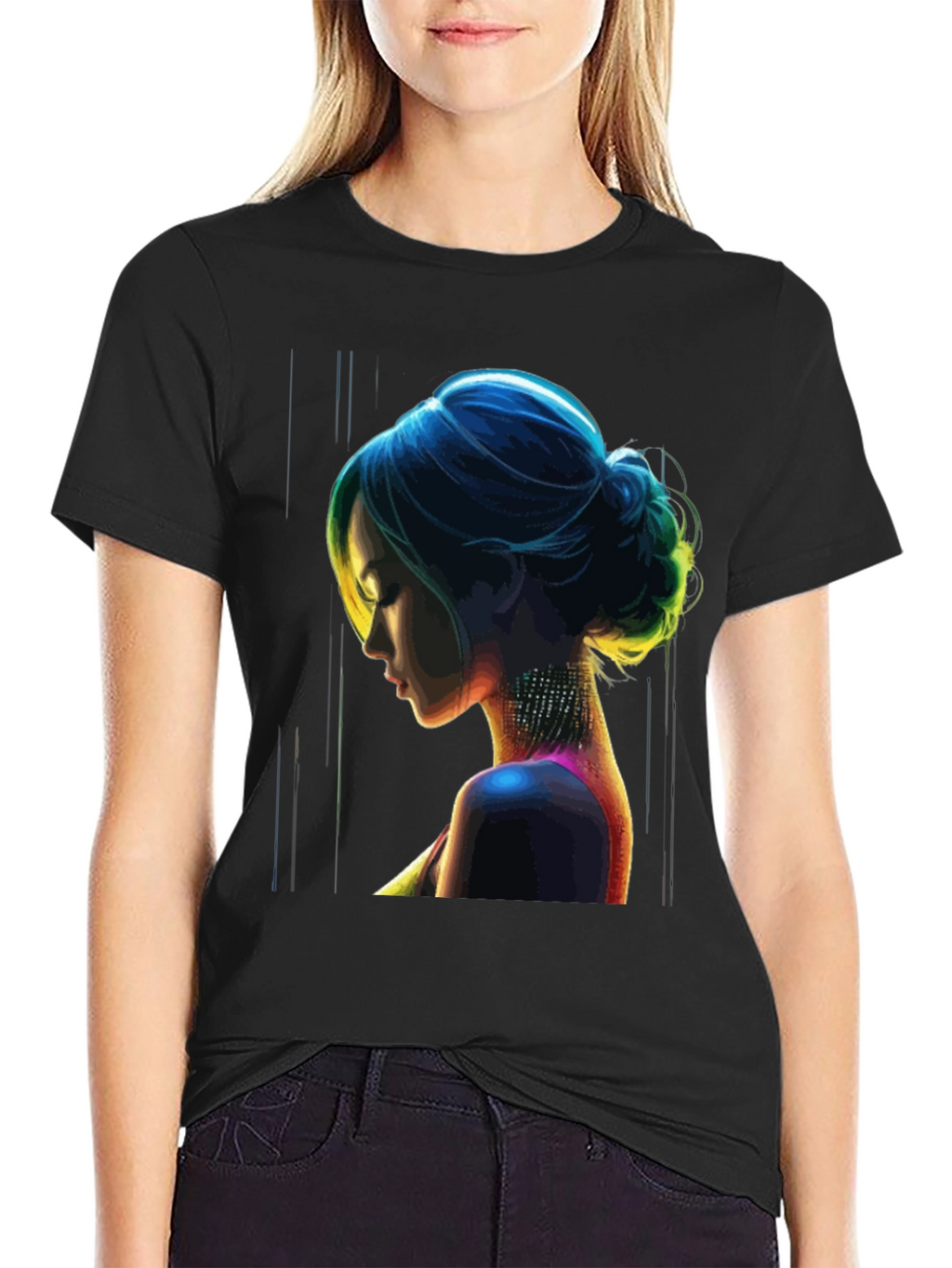 Neon Art Woman Graphic Print Black T-Shirt