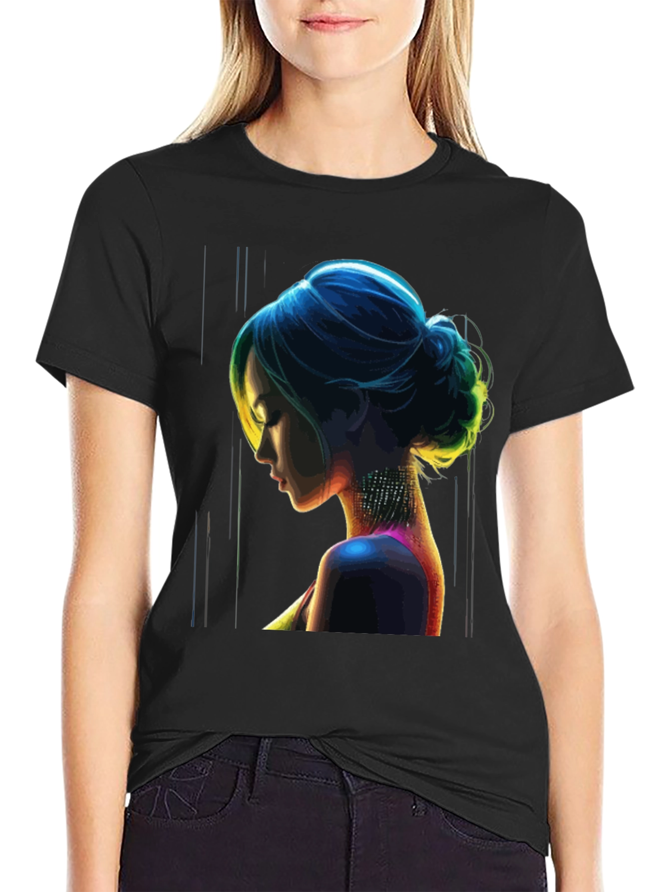 Neon Art Woman Graphic Print Black T-Shirt