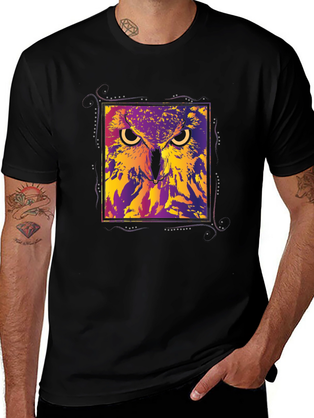 Abstract Owl Graphic Black T-Shirt