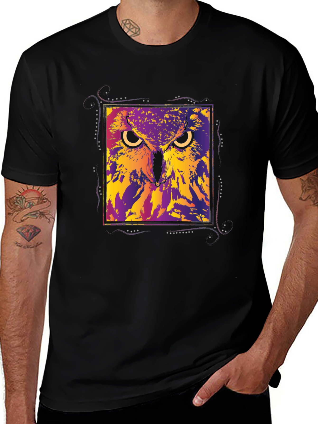 Abstract Owl Graphic Black T-Shirt