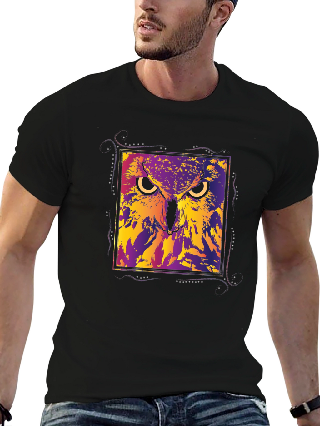 Abstract Owl Graphic Black T-Shirt