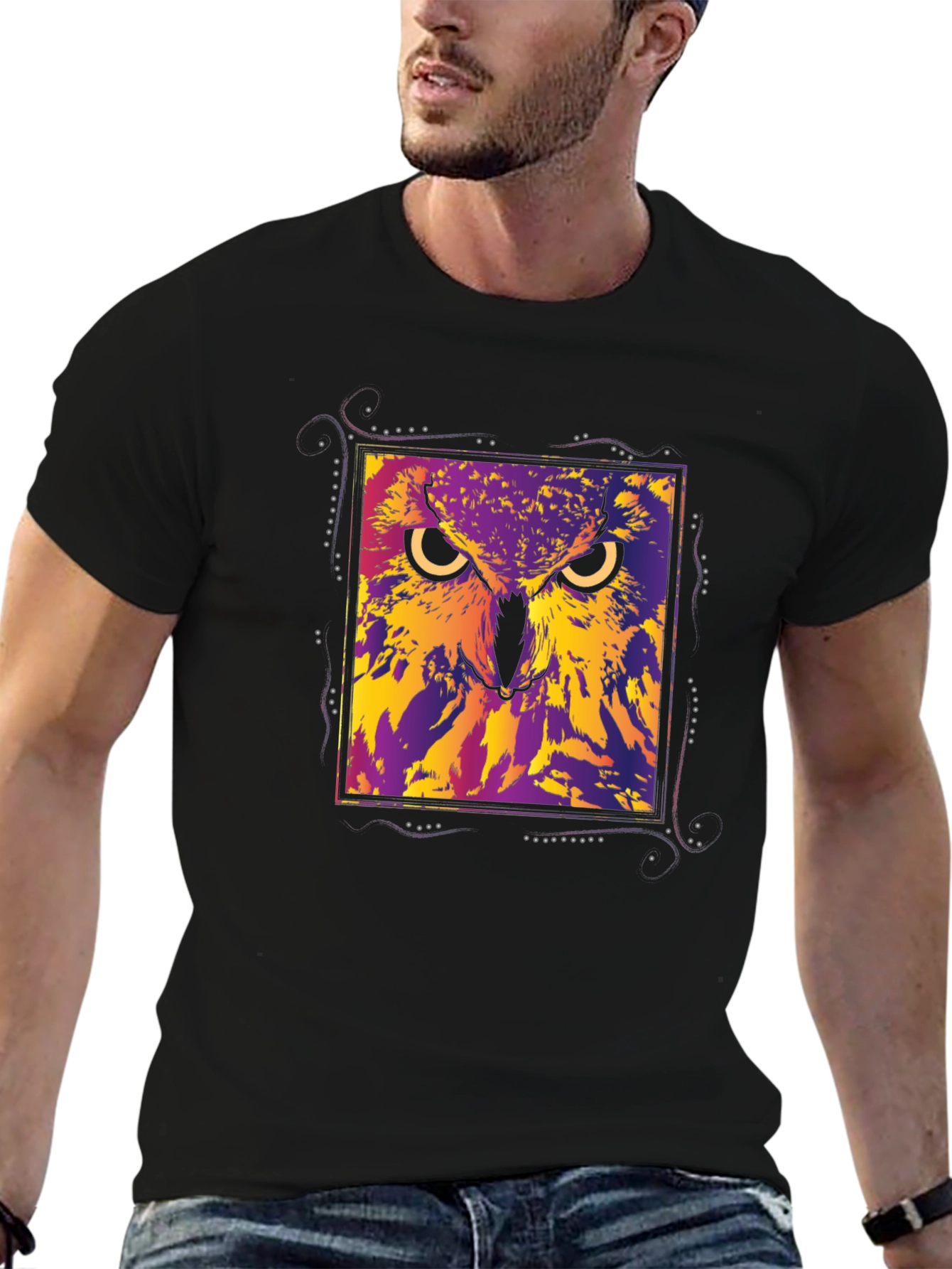 Abstract Owl Graphic Black T-Shirt