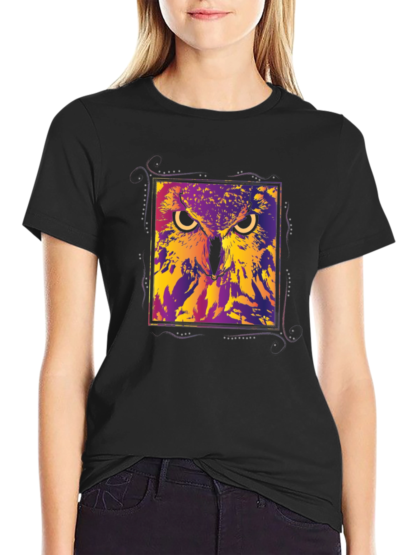 Abstract Owl Graphic Black T-Shirt
