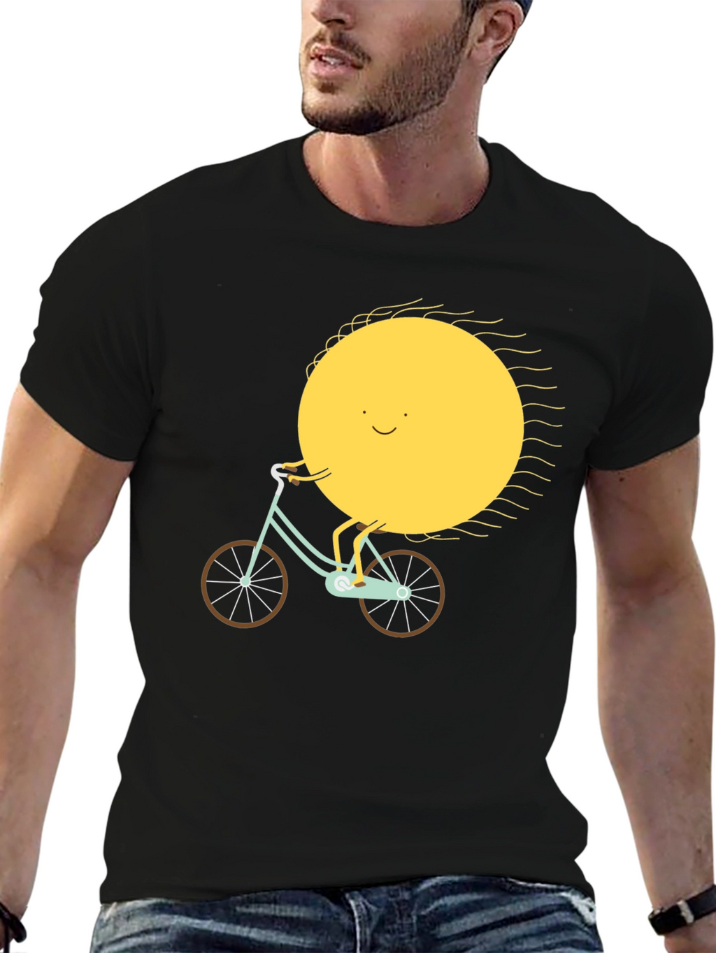 Sun Riding Bike Graphic Tee - Black Cotton T-Shirt