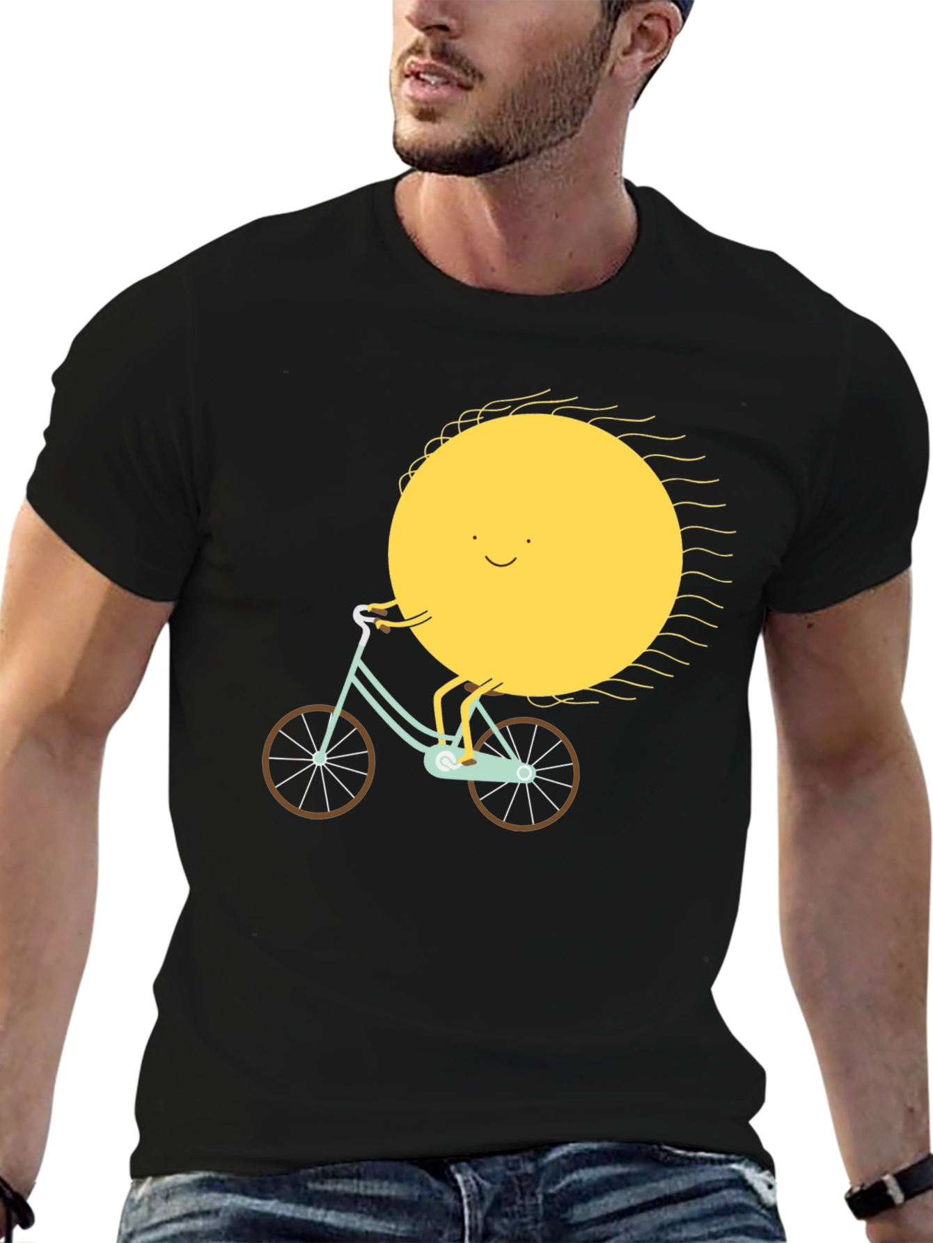 Sun Riding Bike Graphic Tee - Black Cotton T-Shirt