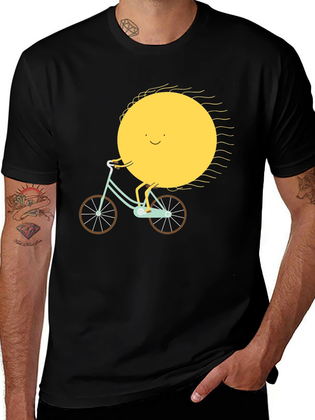 Sun Riding Bike Graphic Tee - Black Cotton T-Shirt