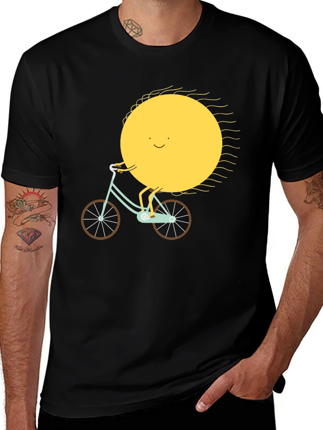 Sun Riding Bike Graphic Tee - Black Cotton T-Shirt