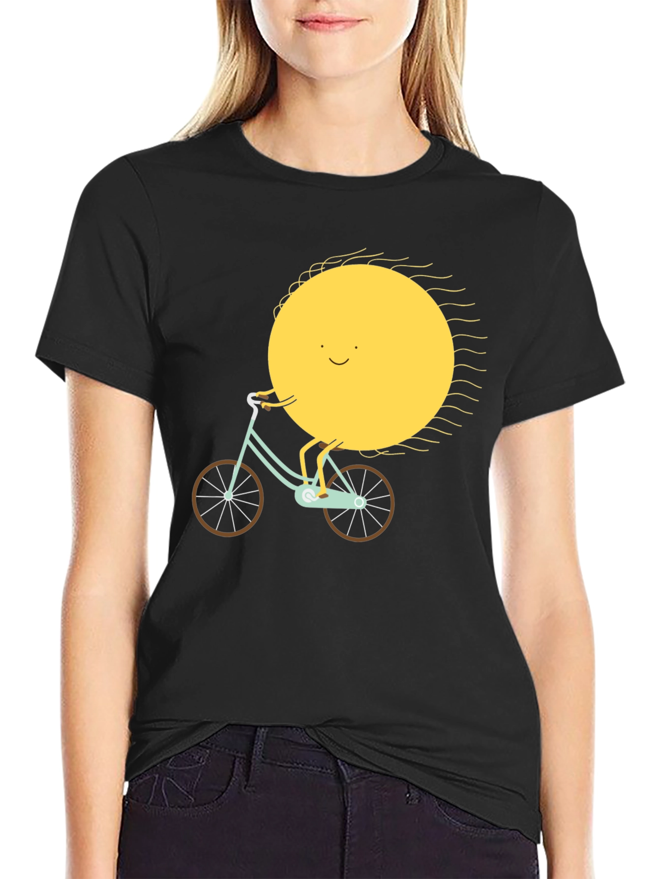 Sun Riding Bike Graphic Tee - Black Cotton T-Shirt