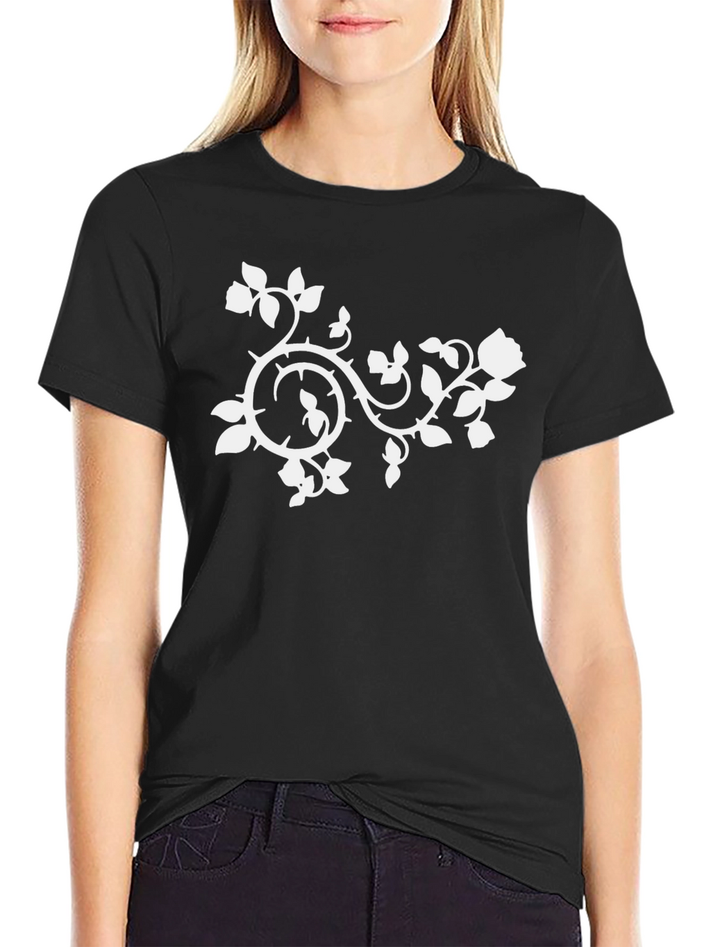 Black T-Shirt with White Floral Vine Design