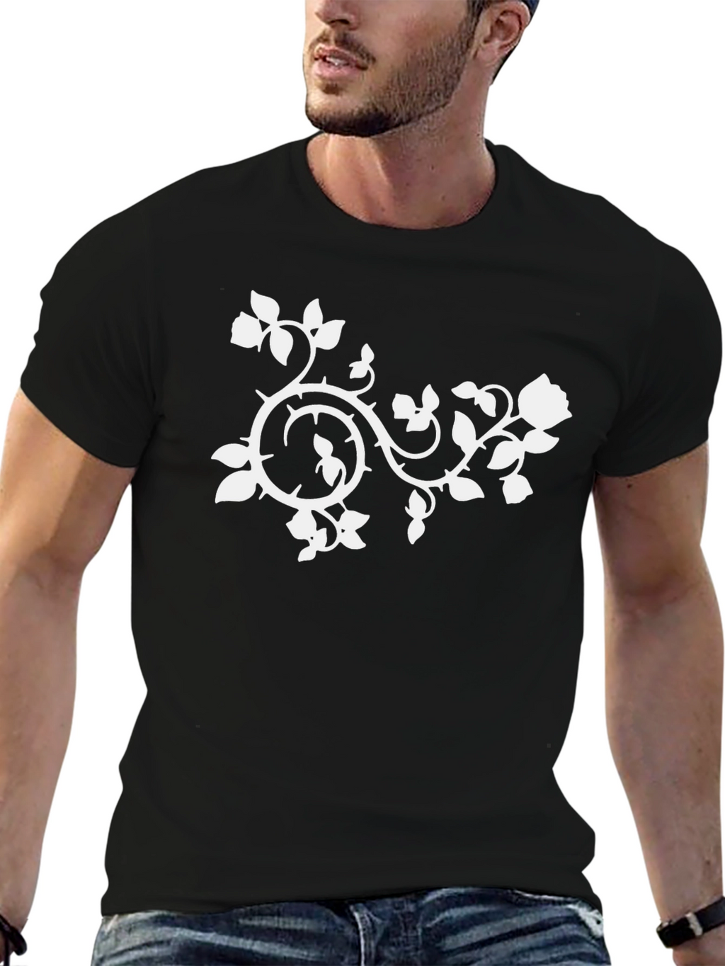 Black T-Shirt with White Floral Vine Design