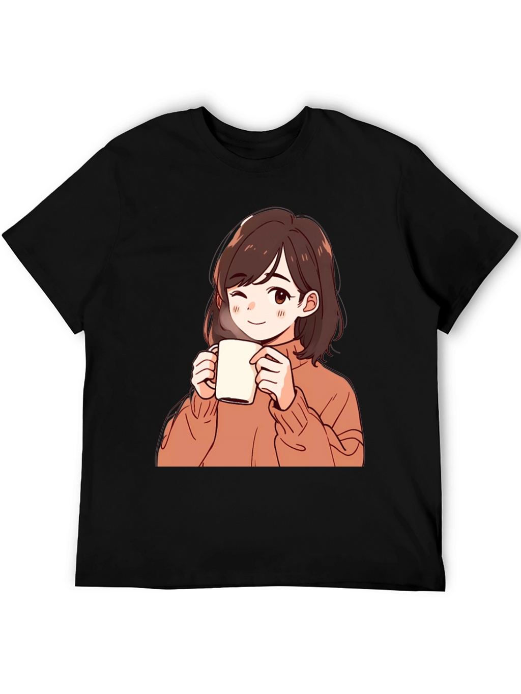Anime Girl Drinking Coffee Graphic T-Shirt