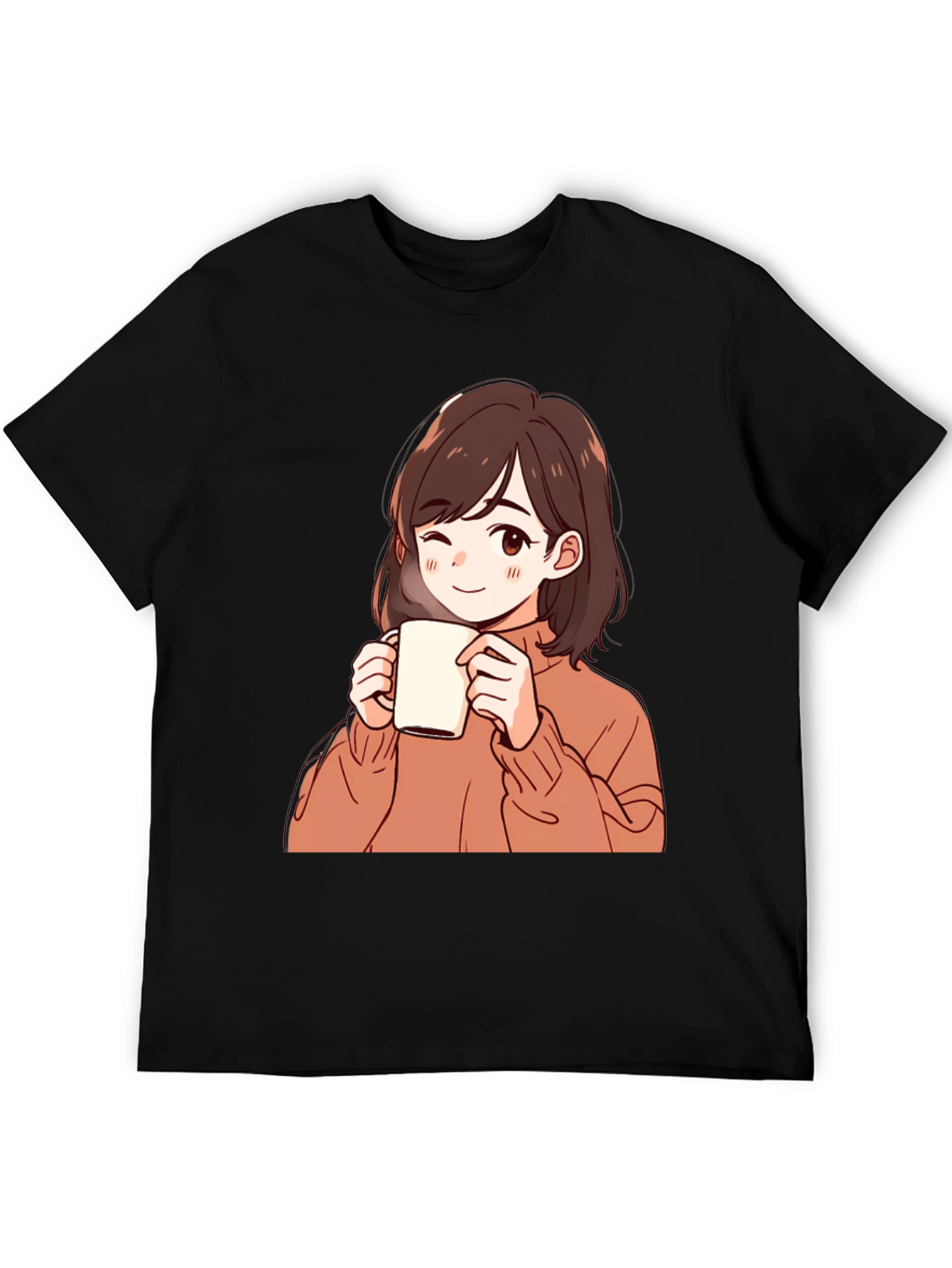 Anime Girl Drinking Coffee Graphic T-Shirt