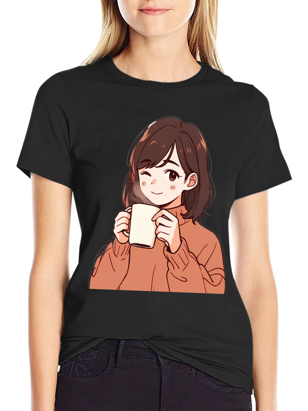 Anime Girl Drinking Coffee Graphic T-Shirt