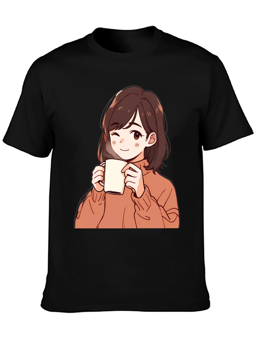 Anime Girl Drinking Coffee Graphic T-Shirt