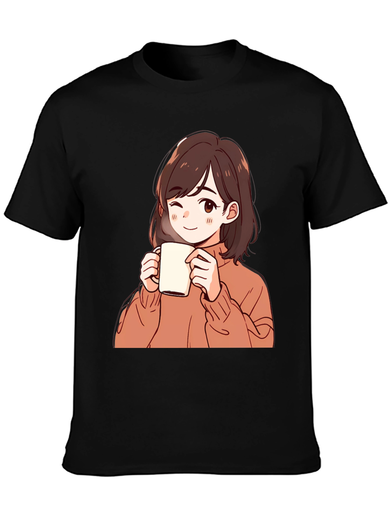 Anime Girl Drinking Coffee Graphic T-Shirt