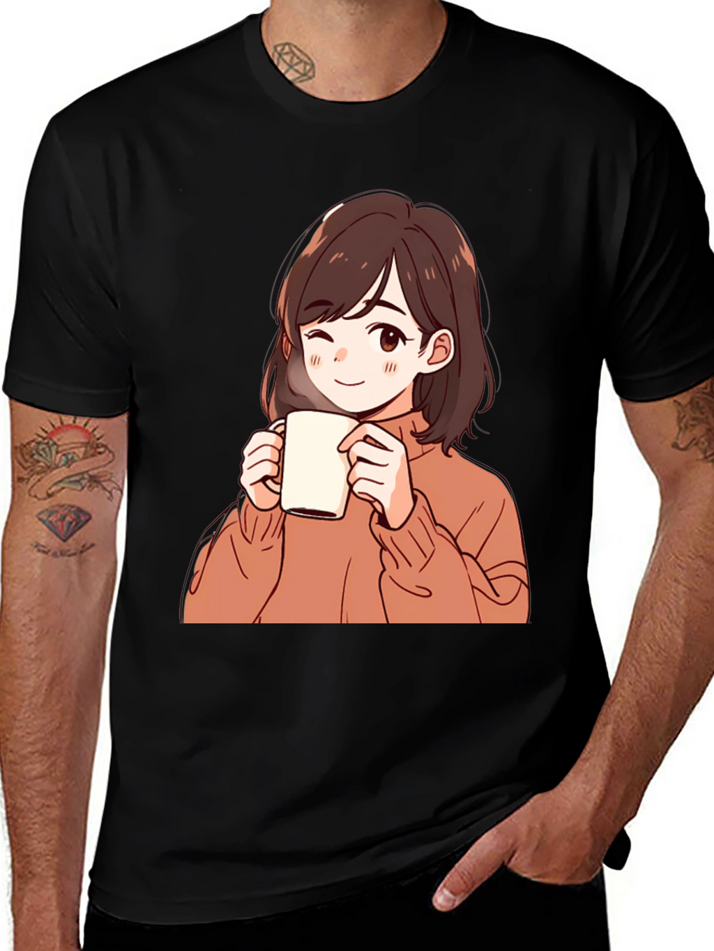 Anime Girl Drinking Coffee Graphic T-Shirt