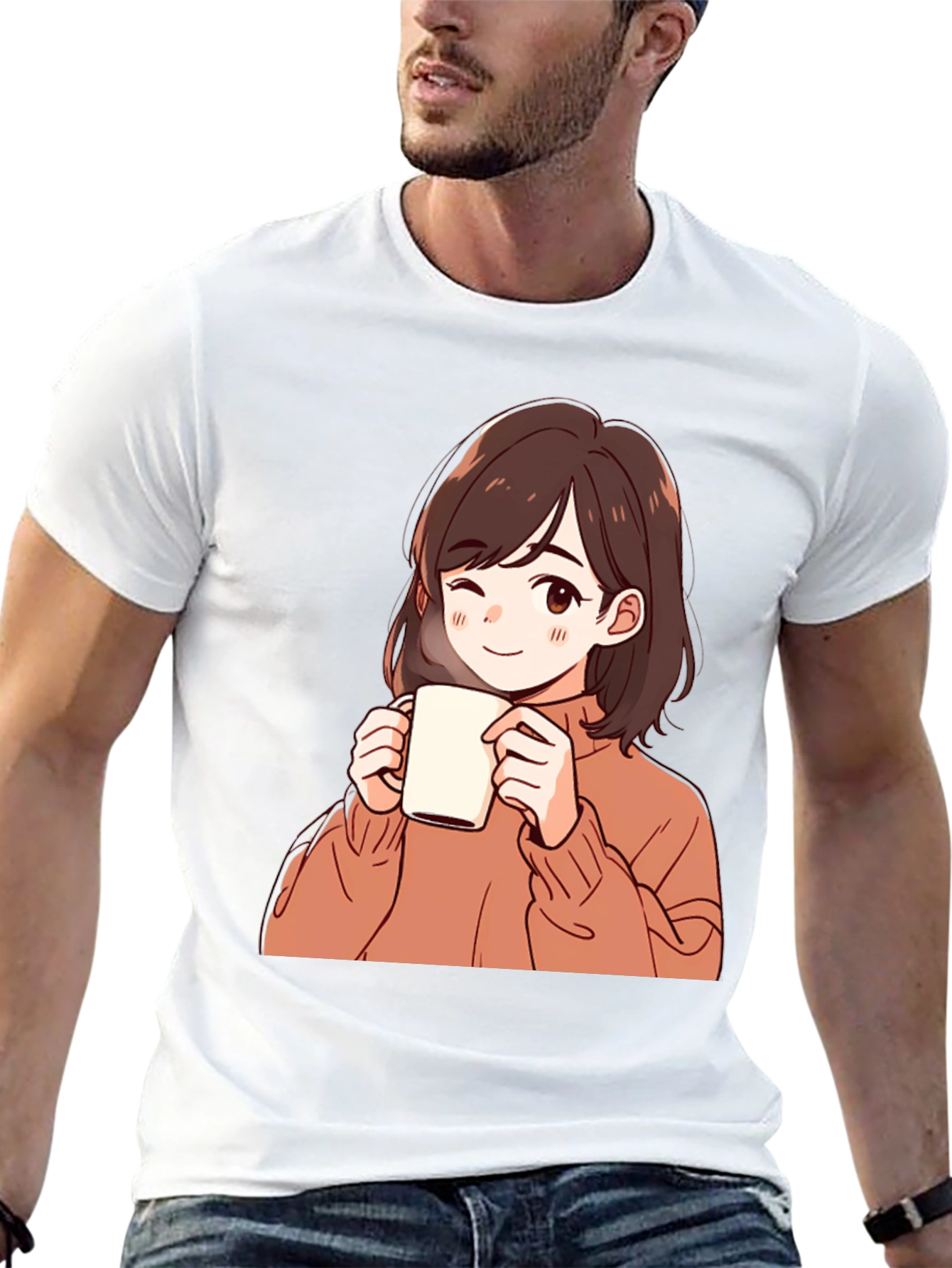 Anime Girl Drinking Coffee Graphic T-Shirt