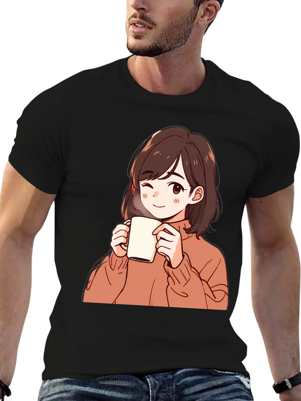 Anime Girl Drinking Coffee Graphic T-Shirt