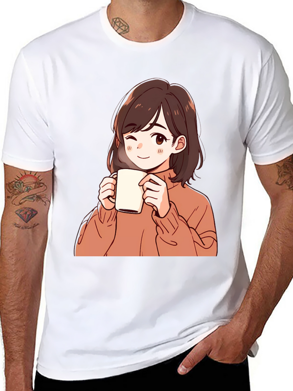Anime Girl Drinking Coffee Graphic T-Shirt
