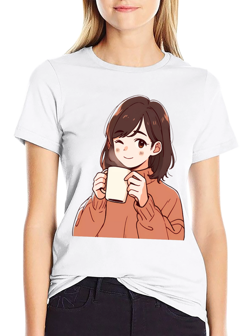 Anime Girl Drinking Coffee Graphic T-Shirt