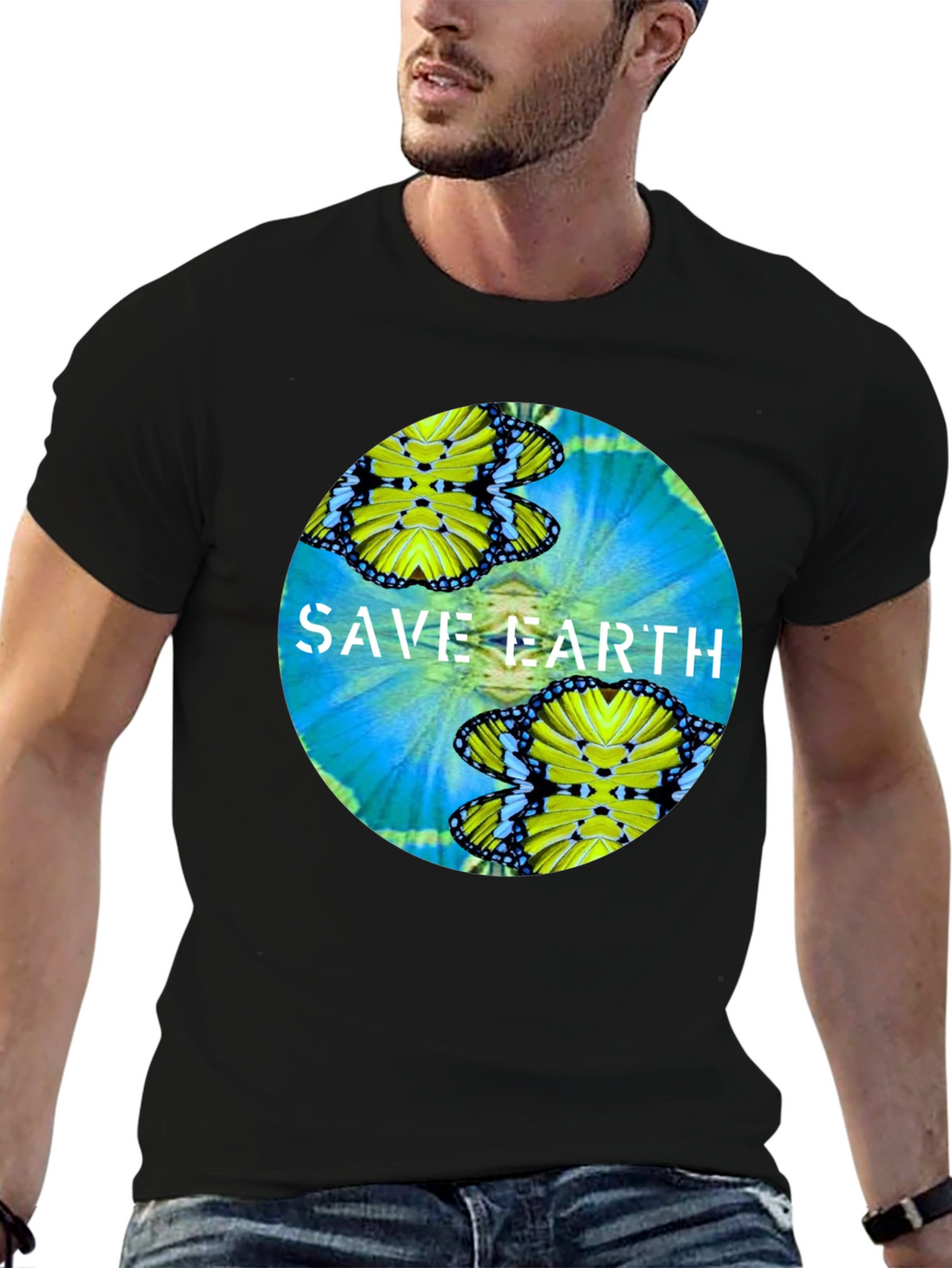 Save Earth Butterfly Graphic Black T-Shirt
