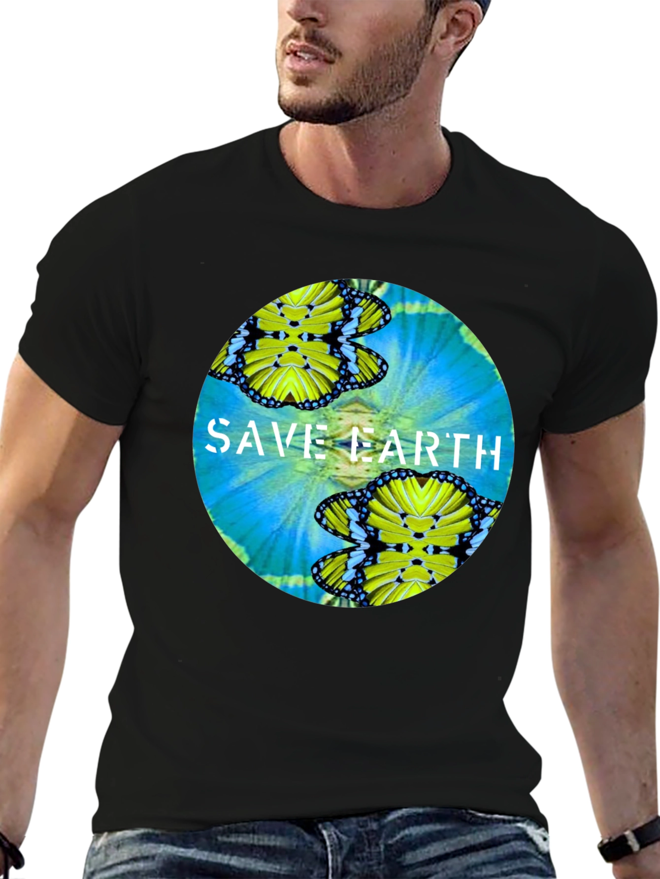 Save Earth Butterfly Graphic Black T-Shirt