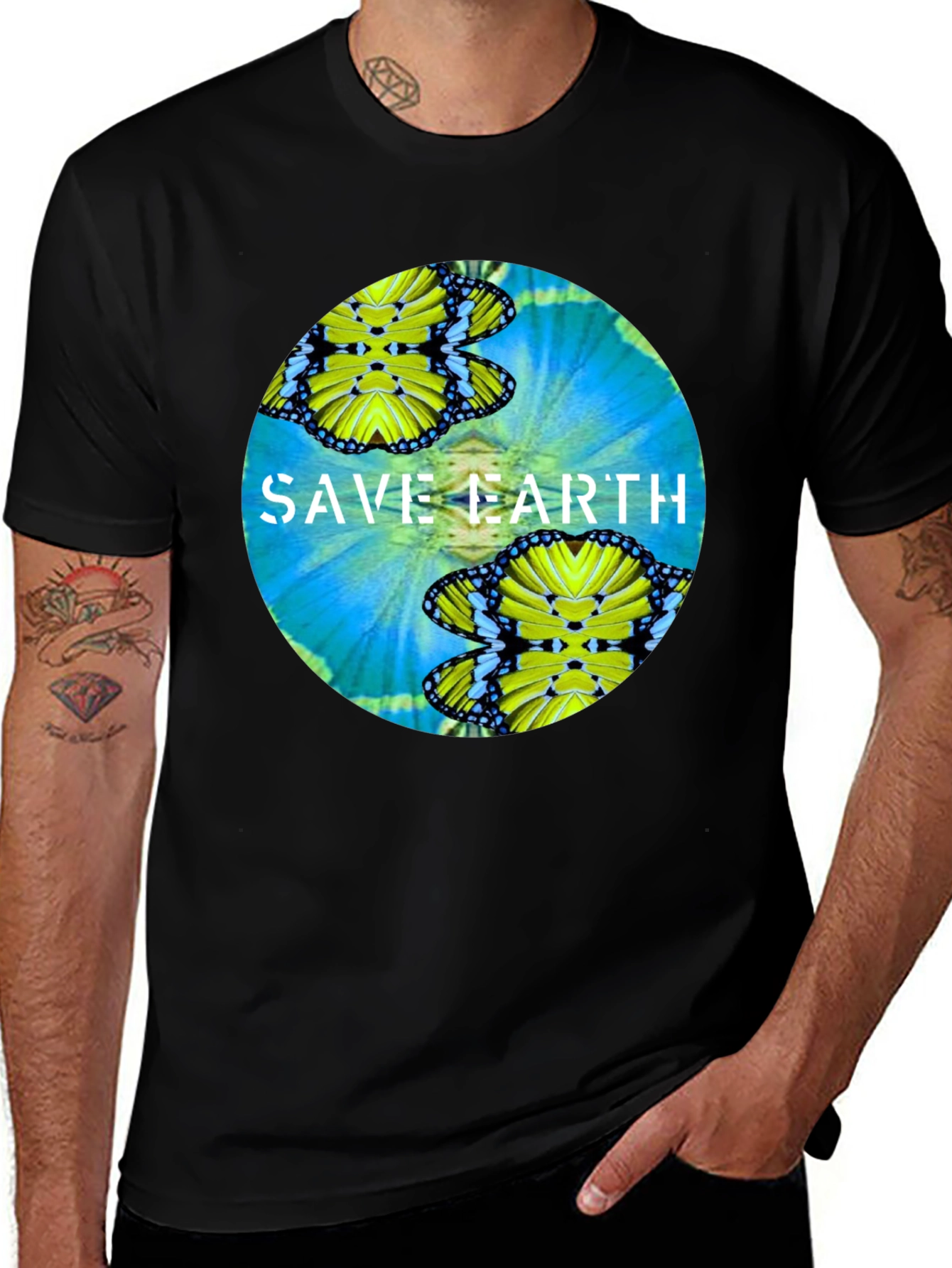 Save Earth Butterfly Graphic Black T-Shirt