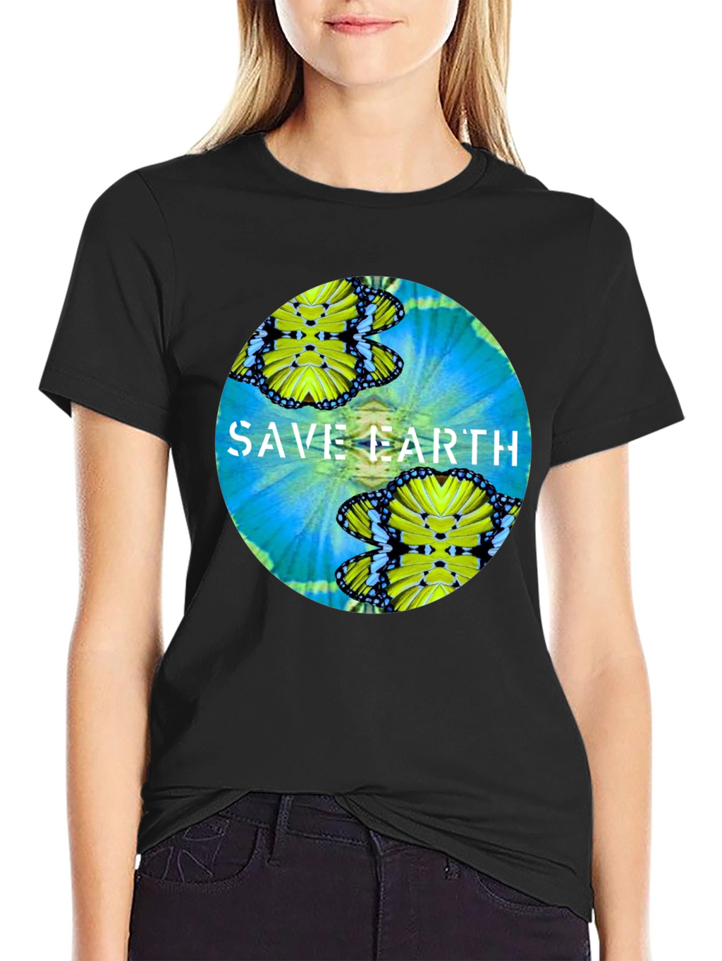 Save Earth Butterfly Graphic Black T-Shirt