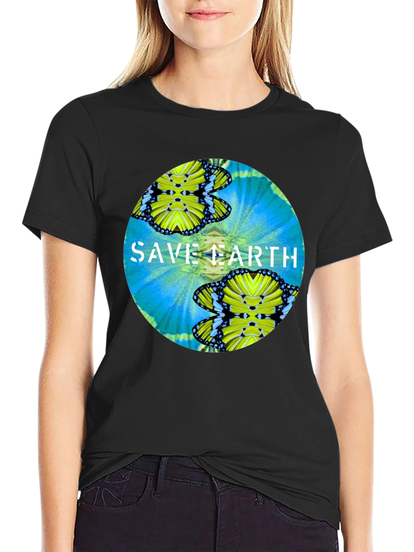 Save Earth Butterfly Graphic Black T-Shirt