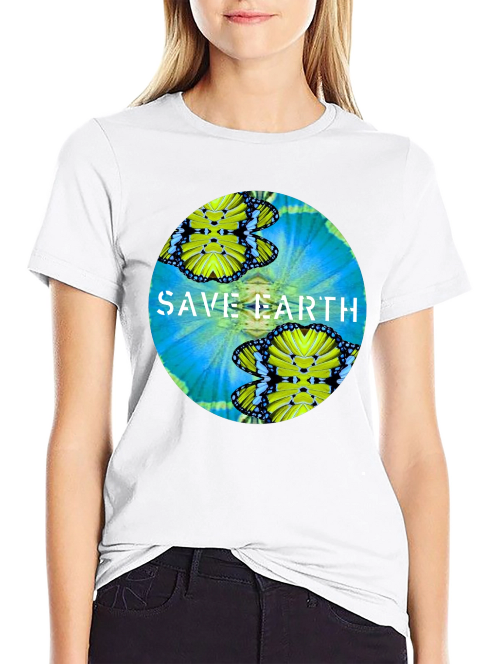 Save Earth Butterfly Graphic Black T-Shirt