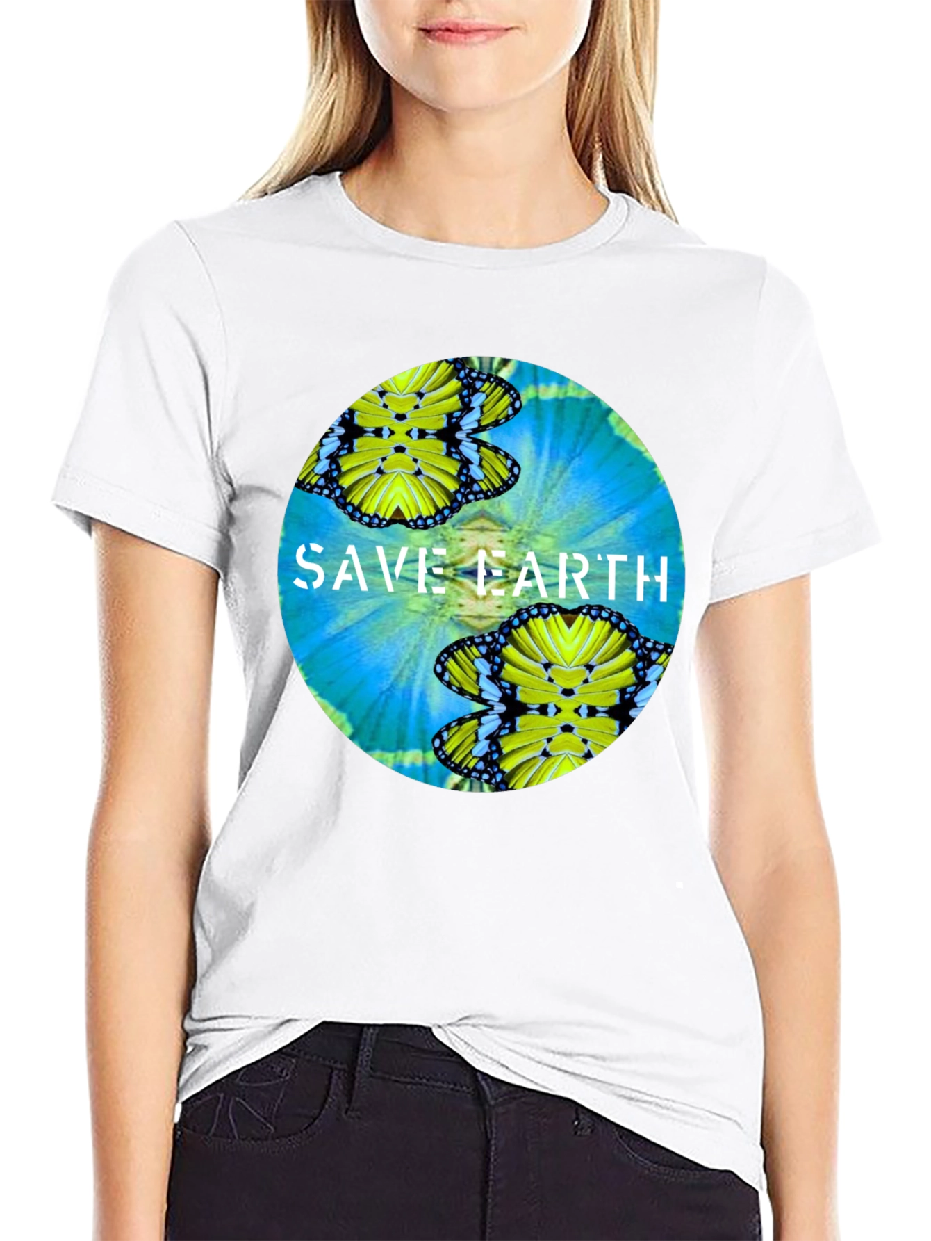 Save Earth Butterfly Graphic Black T-Shirt
