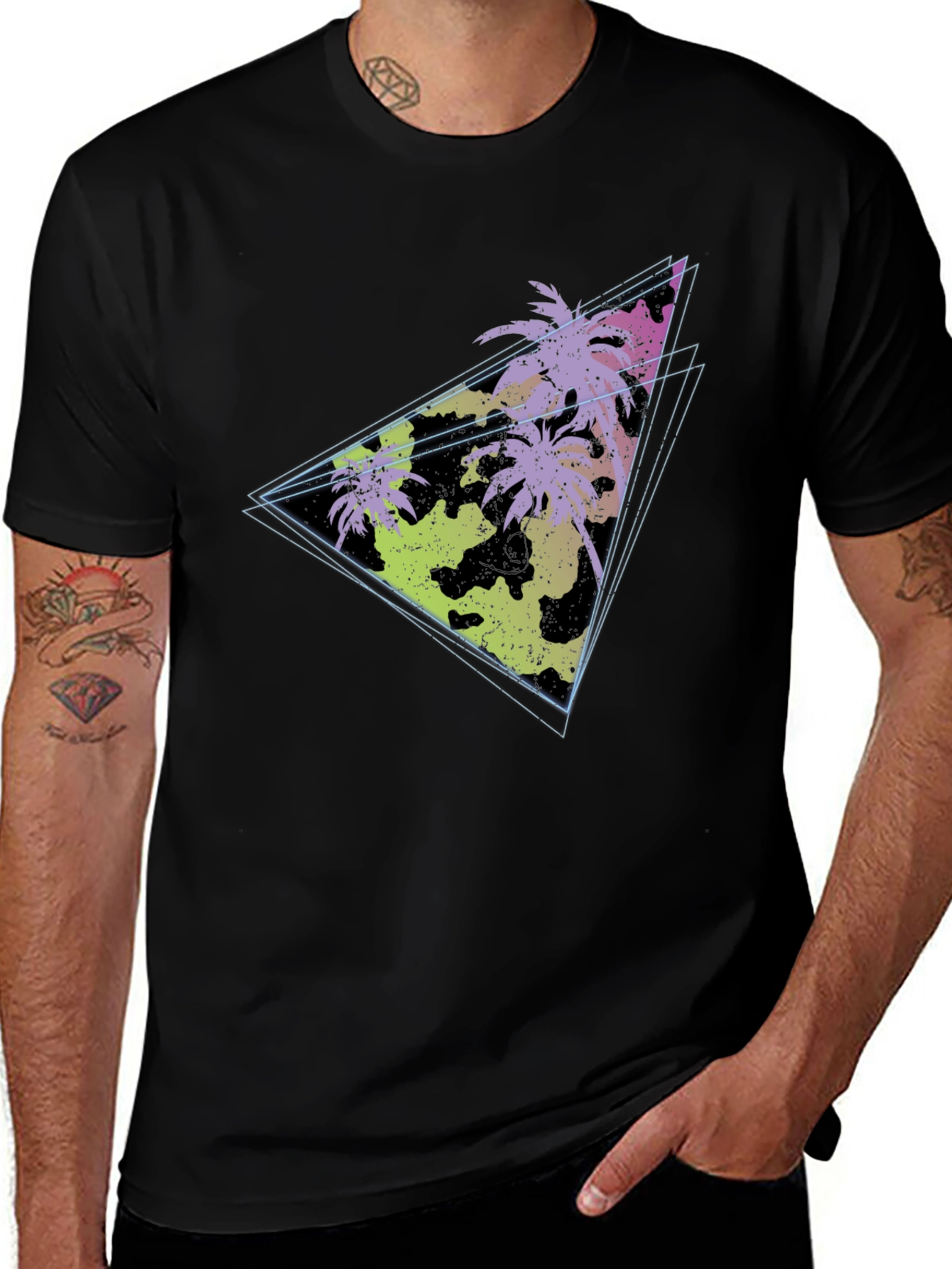 Retro Palm Tree Triangle Graphic Tee - Black