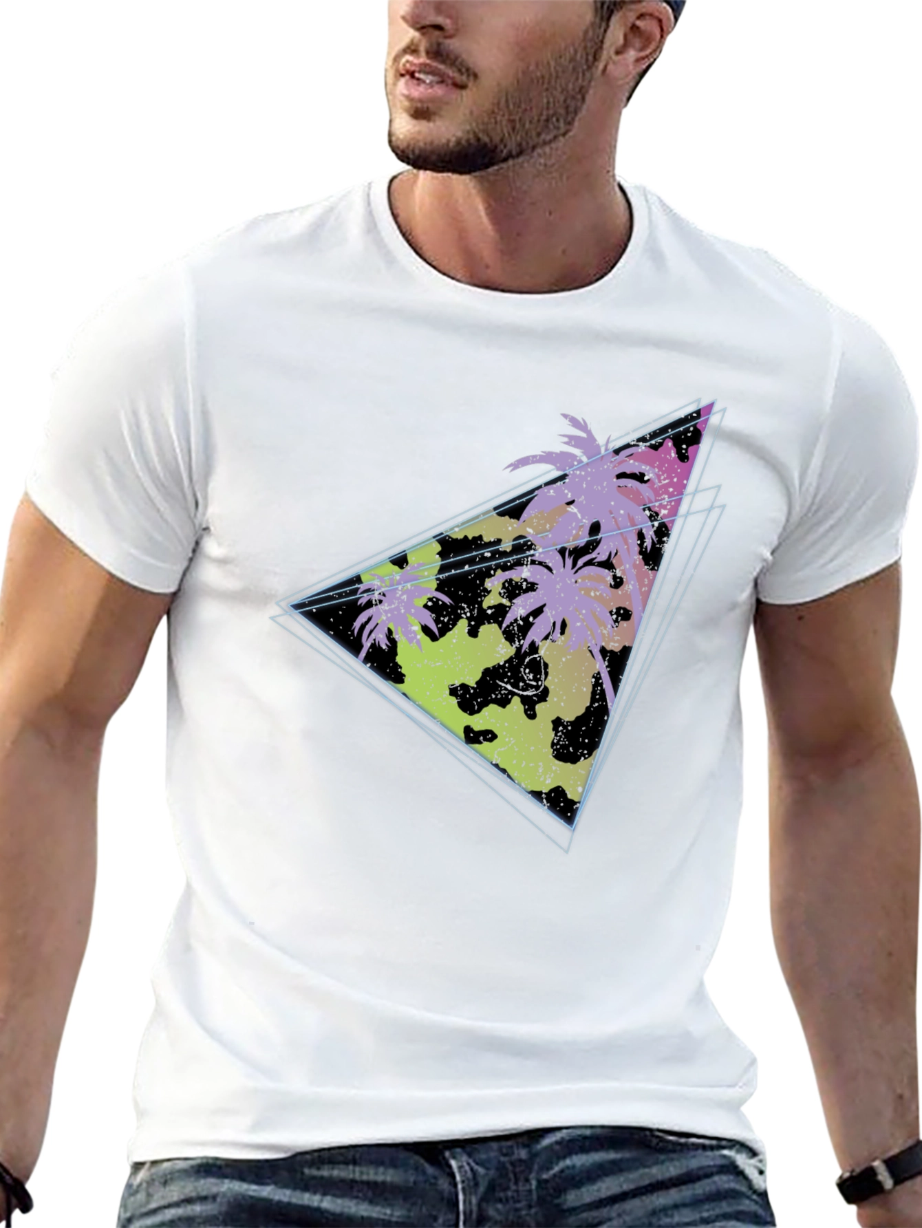 Retro Palm Tree Triangle Graphic Tee - Black