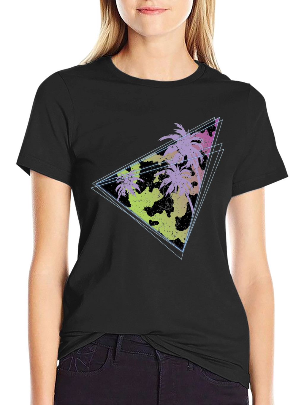 Retro Palm Tree Triangle Graphic Tee - Black