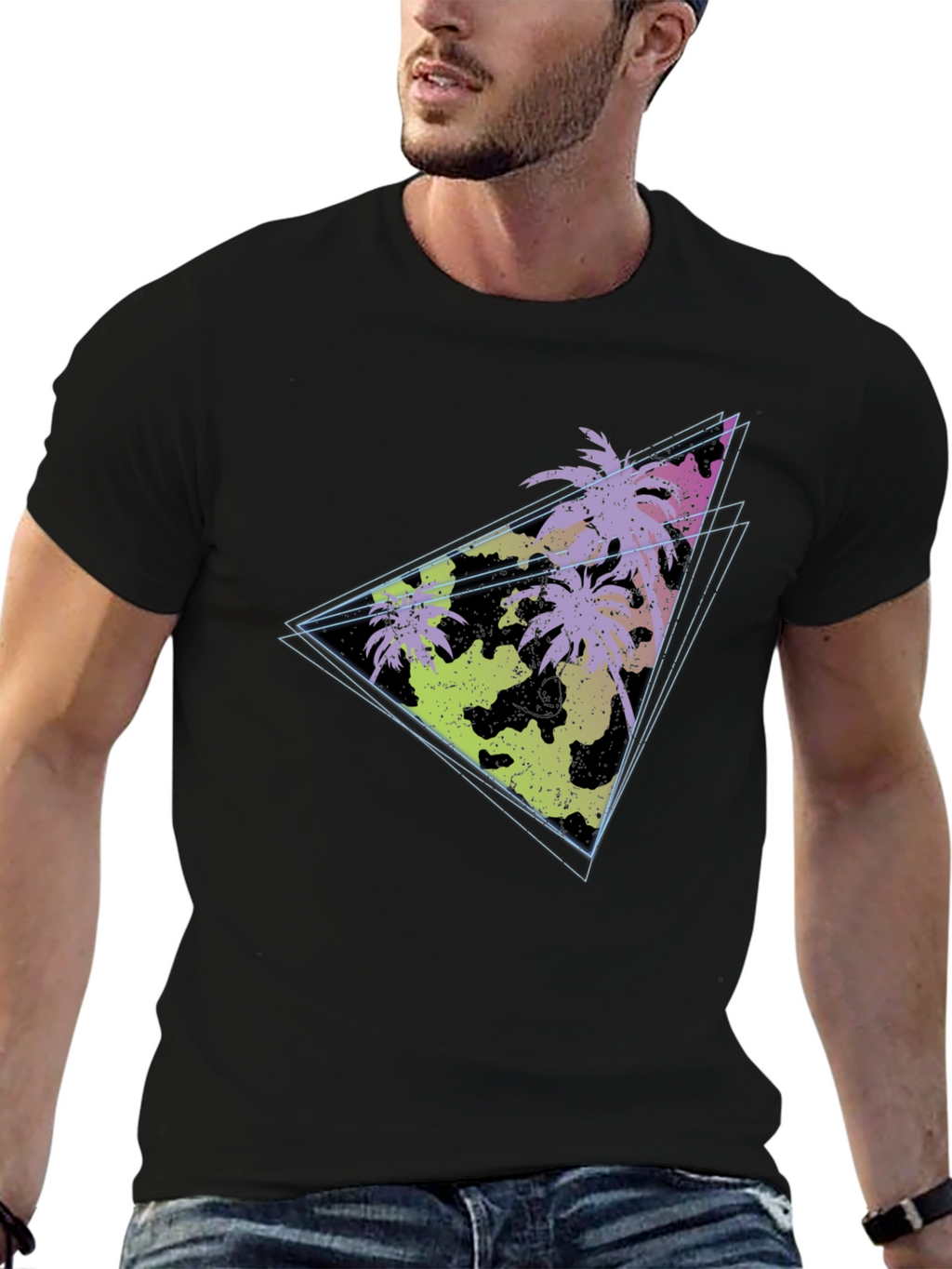 Retro Palm Tree Triangle Graphic Tee - Black