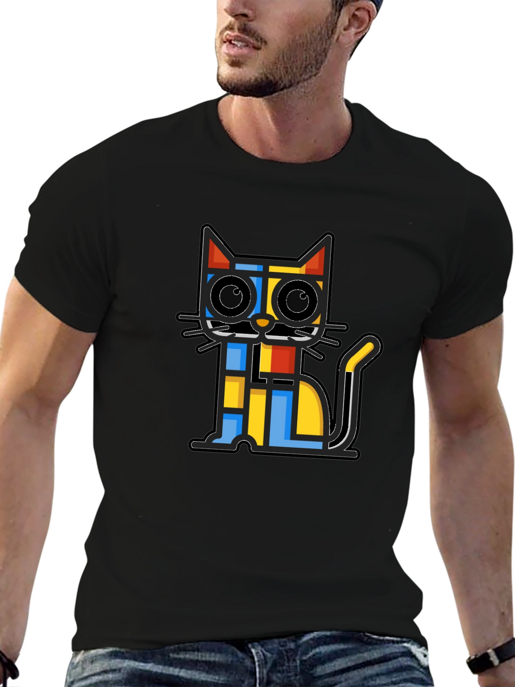 Geometric Cat Graphic Black T-Shirt