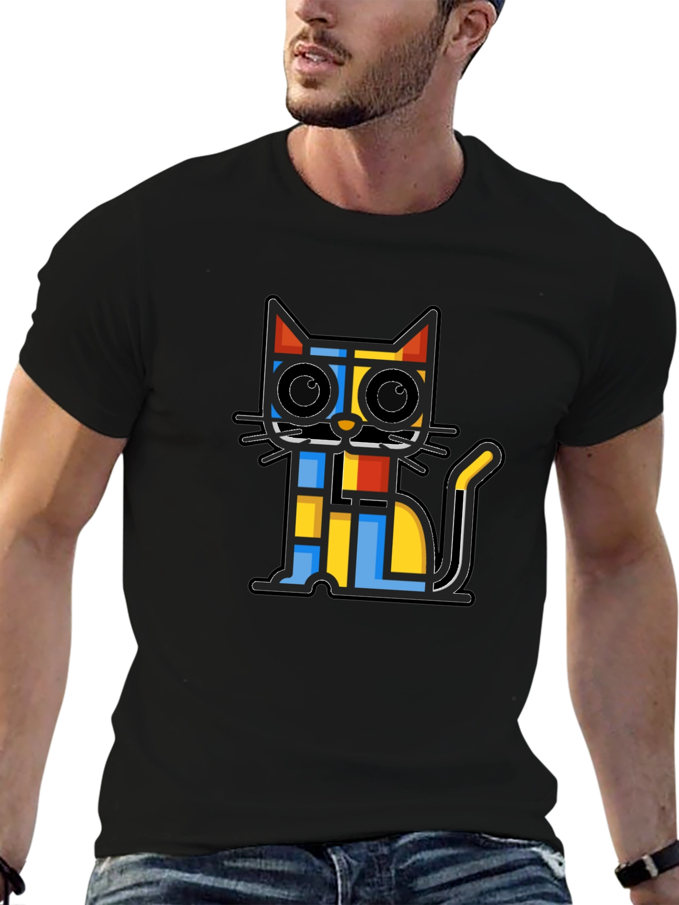 Geometric Cat Graphic Black T-Shirt