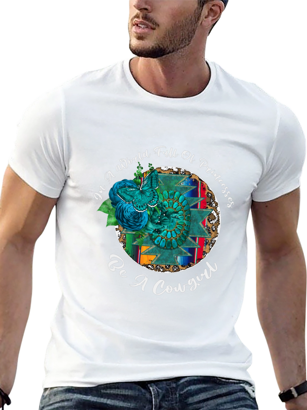 Cowgirl Graphic Tee - Turquoise Butterfly Western Design