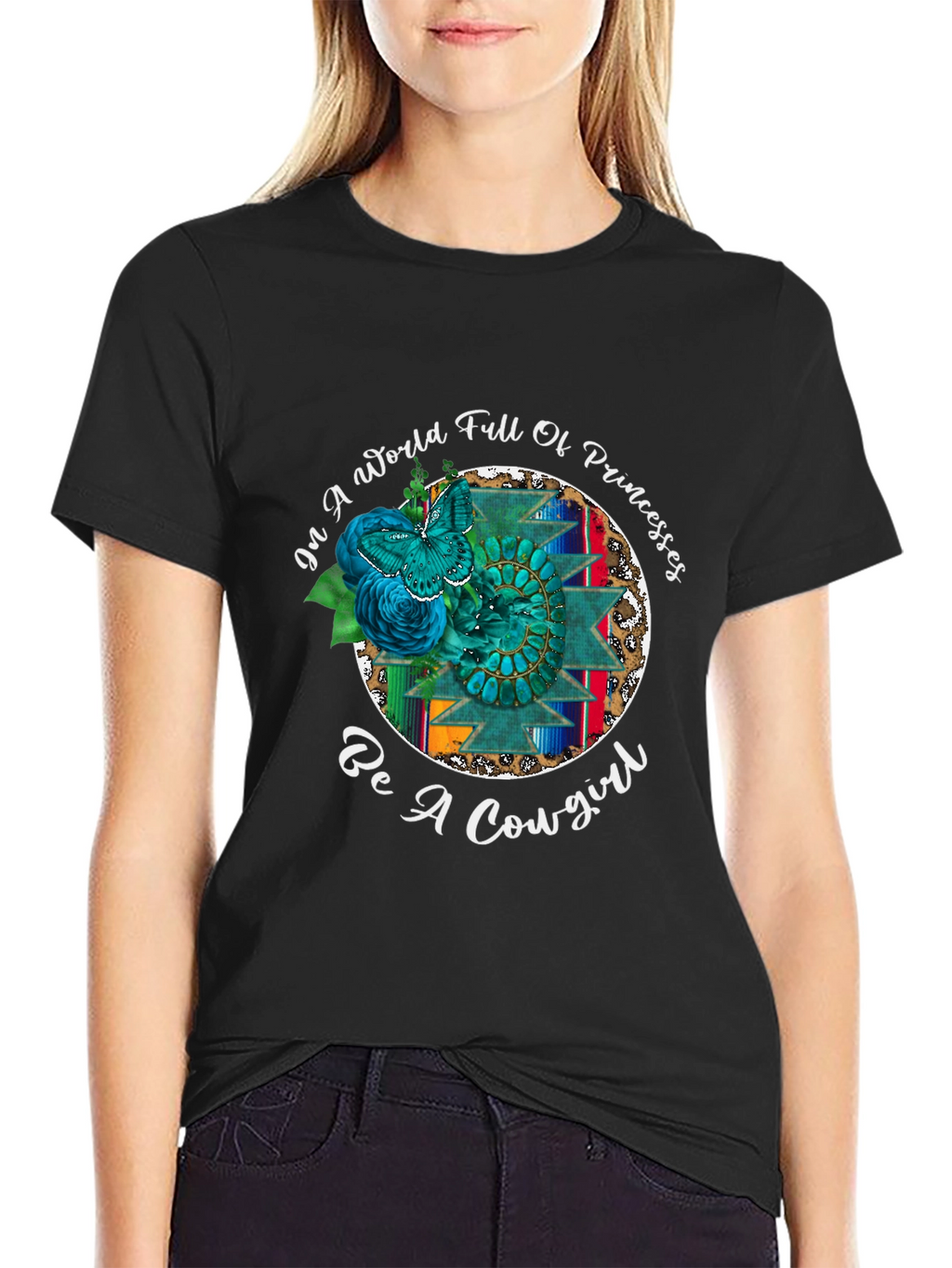 Cowgirl Graphic Tee - Turquoise Butterfly Western Design