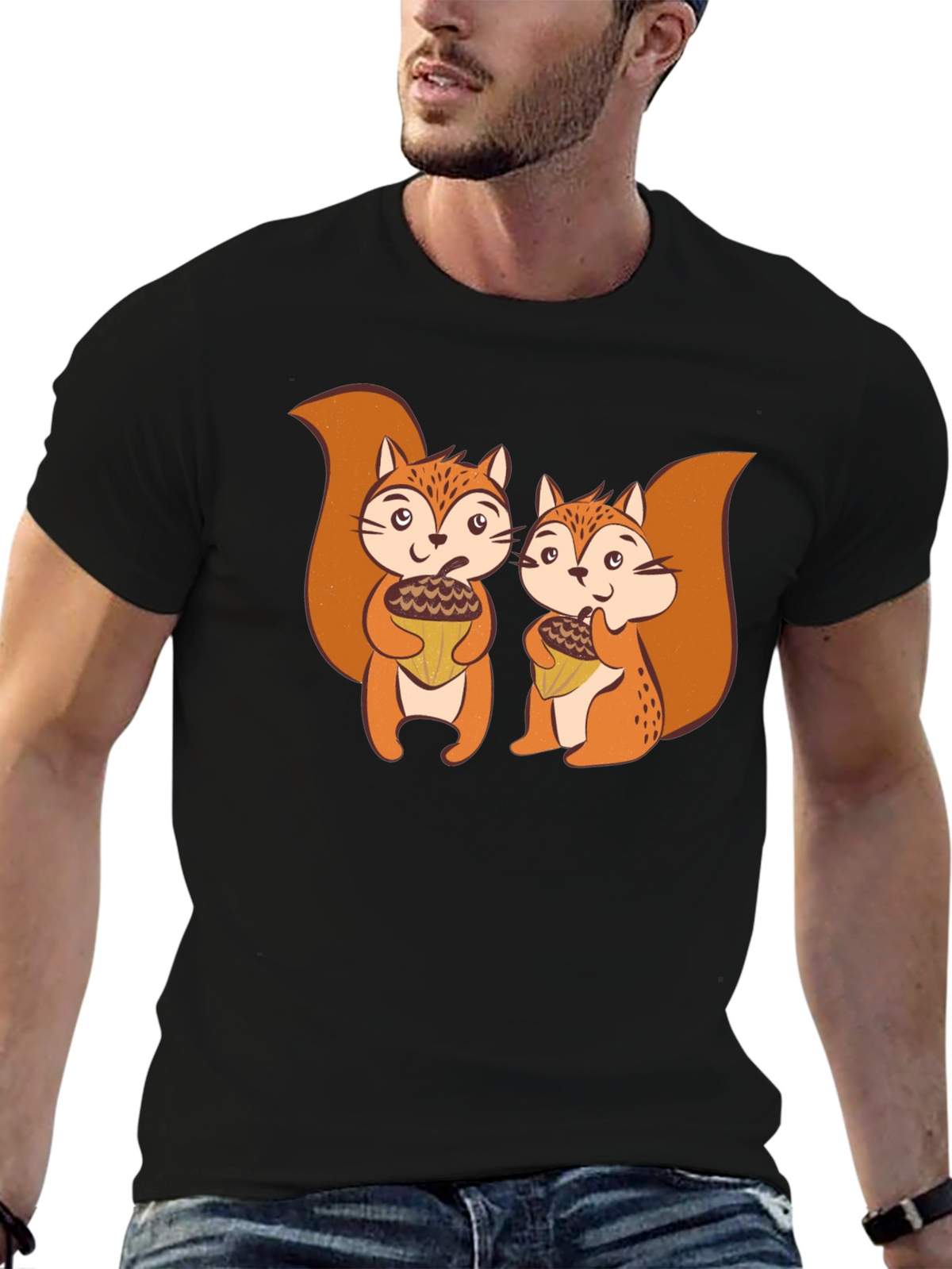Squirrel Acorn Graphic Tee - Black Cotton T-Shirt