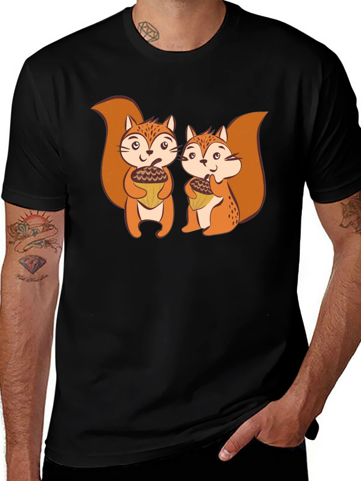 Squirrel Acorn Graphic Tee - Black Cotton T-Shirt