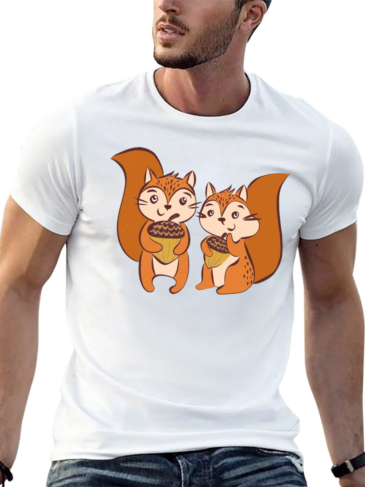 Squirrel Acorn Graphic Tee - Black Cotton T-Shirt