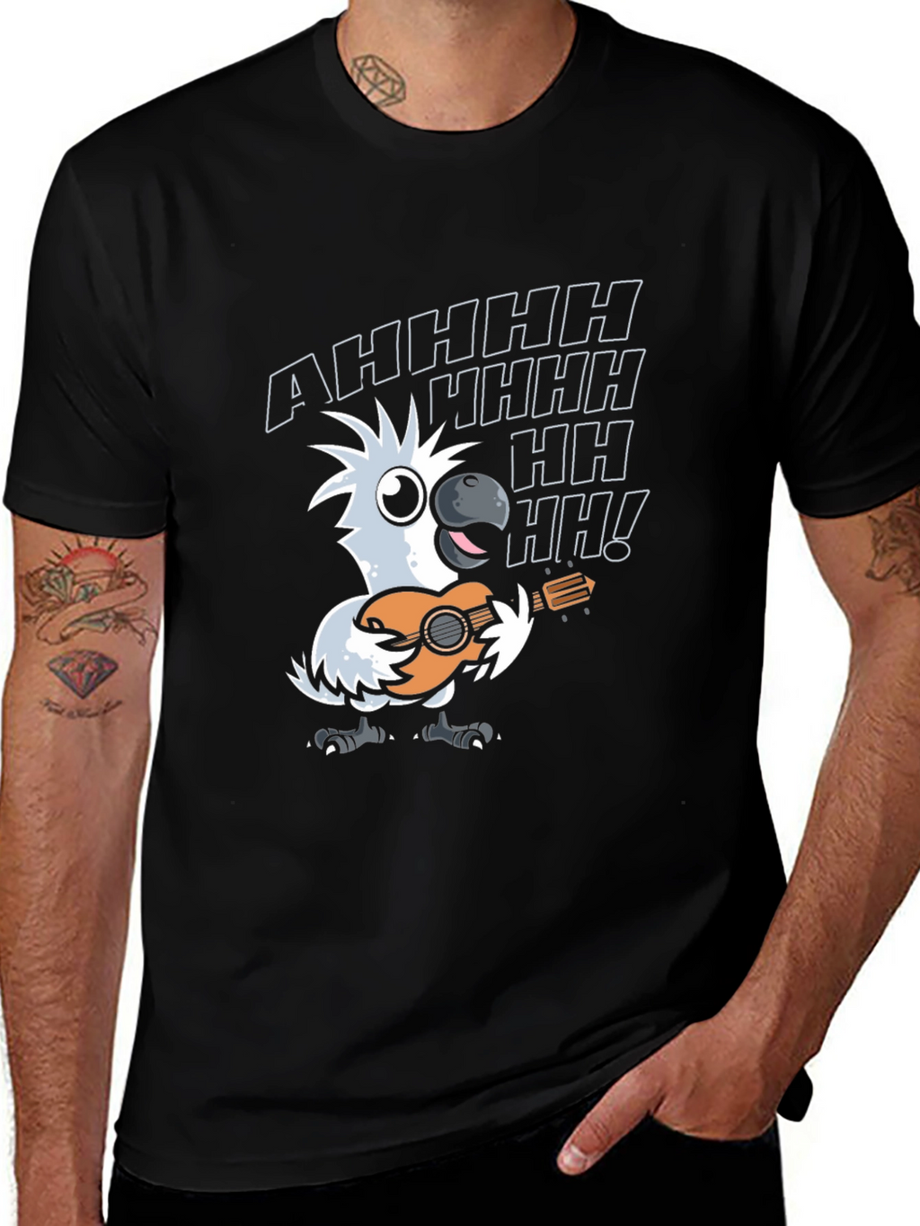 Parrot Guitar Player T-Shirt - Black Cotton Tee
