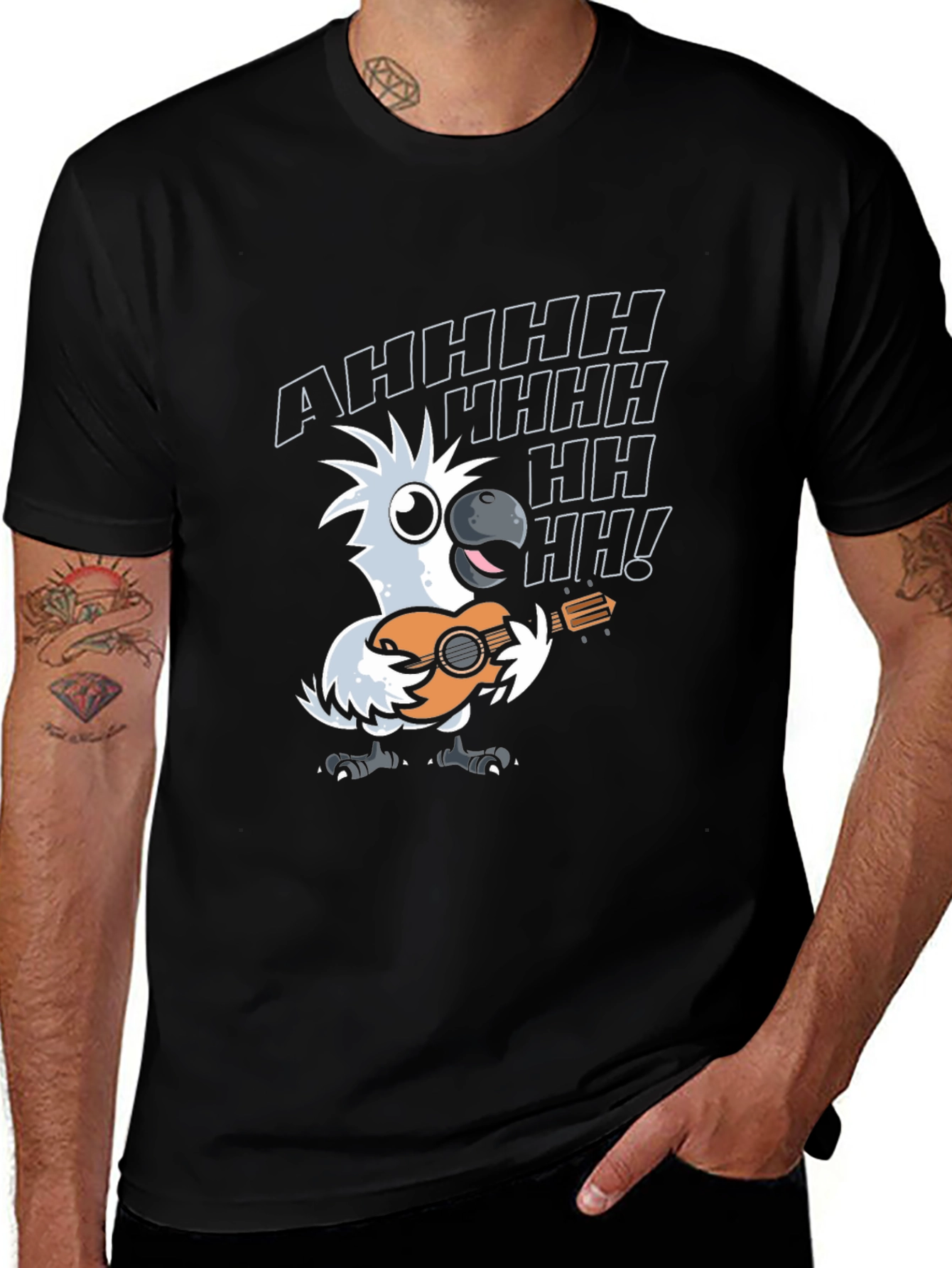 Parrot Guitar Player T-Shirt - Black Cotton Tee