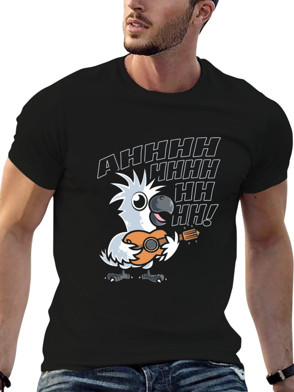 Parrot Guitar Player T-Shirt - Black Cotton Tee