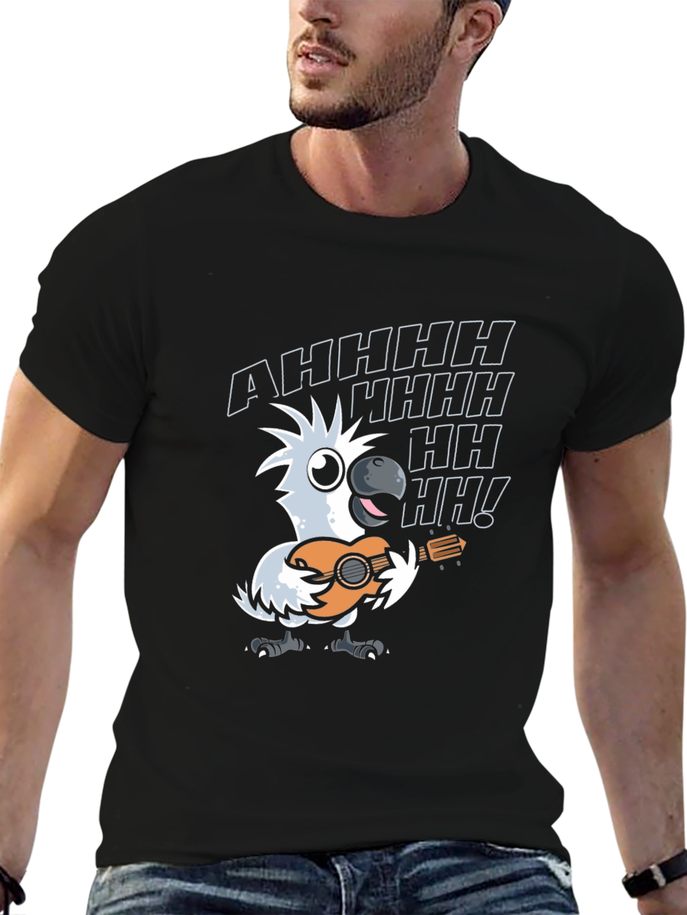 Parrot Guitar Player T-Shirt - Black Cotton Tee
