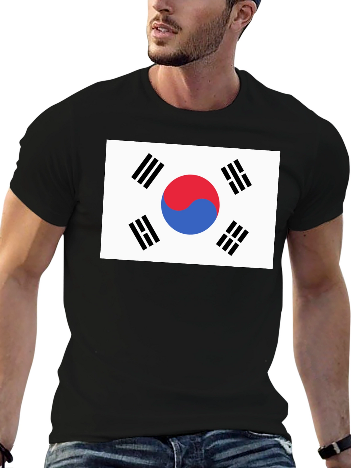 South Korea Flag Graphic Tee - Black Cotton T-Shirt